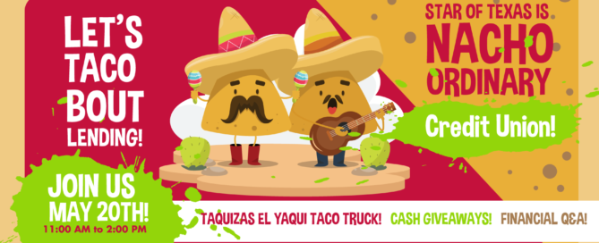 Graphic of two tortilla chips with Let's Taco Bout Lending and a May 20th promotion
