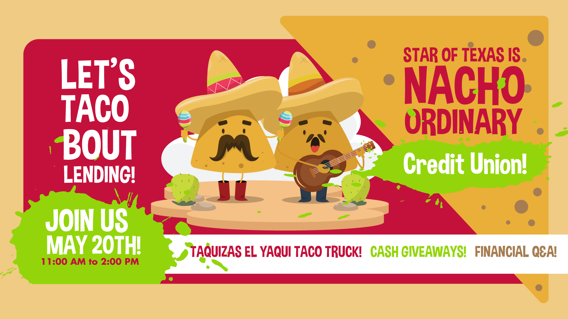 Graphic of two tortilla chips with Let's Taco Bout Lending and a May 20th promotion